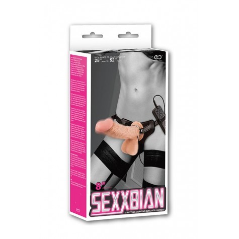 Телесный страпон с креплением на поясе кольцом SEXXBIAN 8INCH DONG AND HARNESS - 20 см.